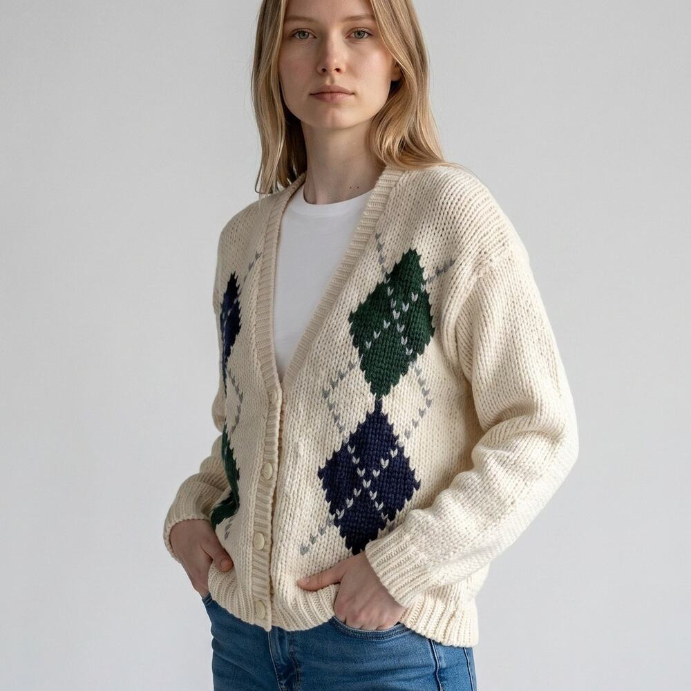 VINTAGE Currants 90's M Academia Granny  Hand Knit Argyle Cardigan Sweater Prep